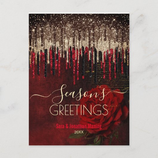 Kerstmis Nieuwjaar rode bloem goud glitter druppel Briefkaart (Voorkant)