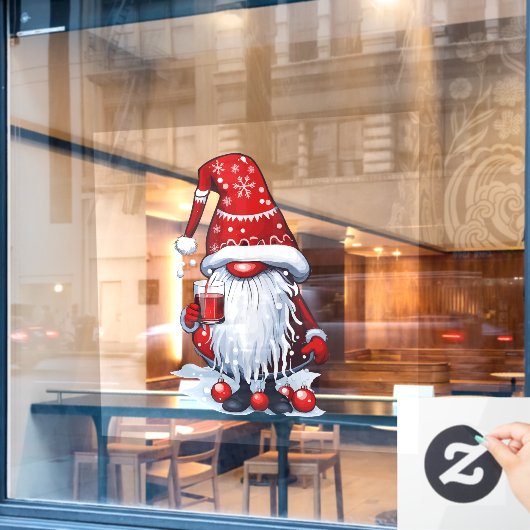 Kerstmis Nisse Kabouter Gonk met Glühwein Raamsticker (Cafe Raam)
