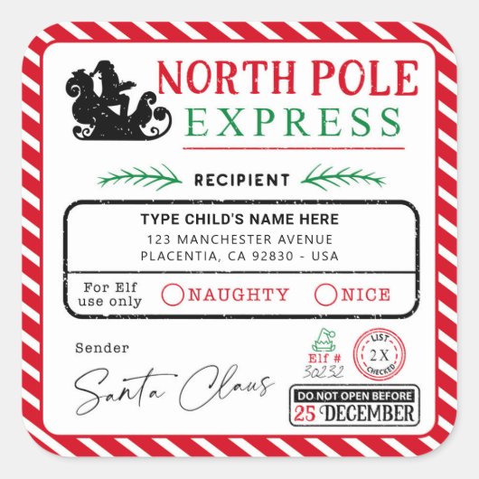 Kerstmis, Noordpool Express-adres Verzending Vierkante Sticker (Voorkant)