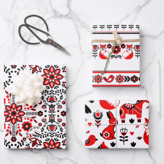 Kerstmis Noordse Scandinavische Zwarte Rood Inpakpapier Vel (Voorkant)