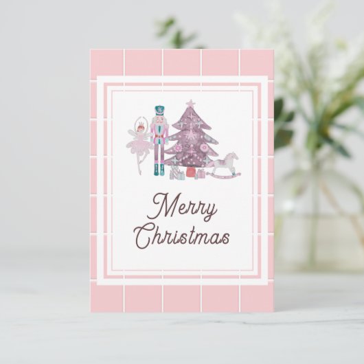 Kerstmis-notenkraker foto roze bedankkaart (Staand voorkant)