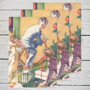 Kerstmis ochtend in vintage stijl, kinderen met ca inpakpapier vel