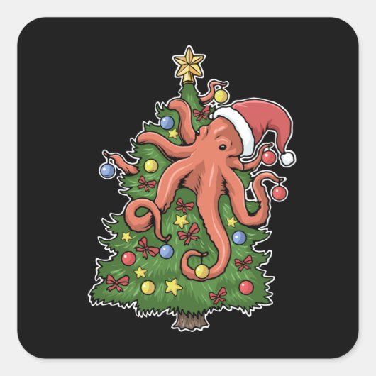 Kerstmis - Octopus Kraken Squid Gift kerstboom Vierkante Sticker (Voorkant)