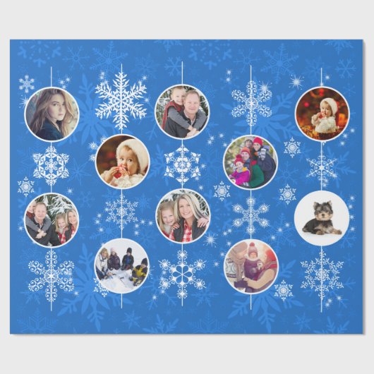Kerstmis of Hanukkah Familie Foto's Blauwe Snowfla Cadeaupapier (Vlak)