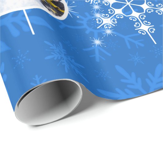 Kerstmis of Hanukkah Familie Foto's Blauwe Snowfla Cadeaupapier (Rol Hoek)