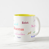 Kerstmis om de wereld in wit en geel tweekleurige koffiemok (Voorkant rechts)