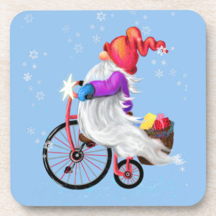 Kerstmis Onderzetter Gnome met Bike en Gifts