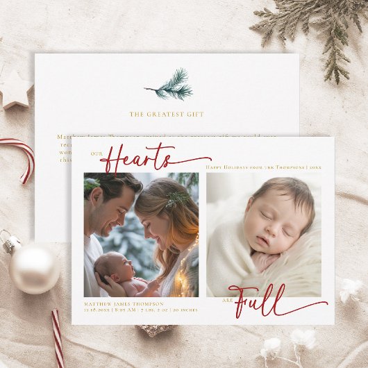Kerstmis Onze harten rood goud Familie Baby 2 foto Feestdagenkaart