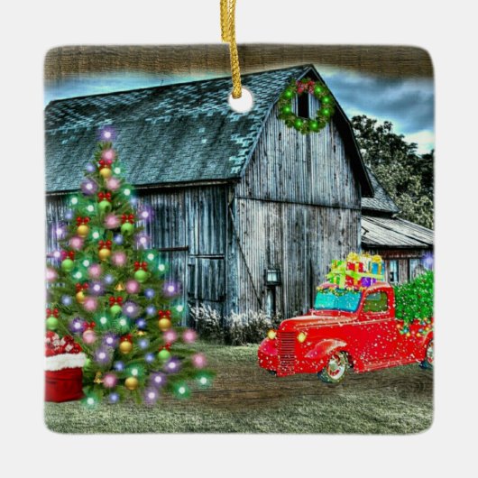 Kerstmis op het Boerderij Rustic Barn Keramisch Ornament (Voorkant)