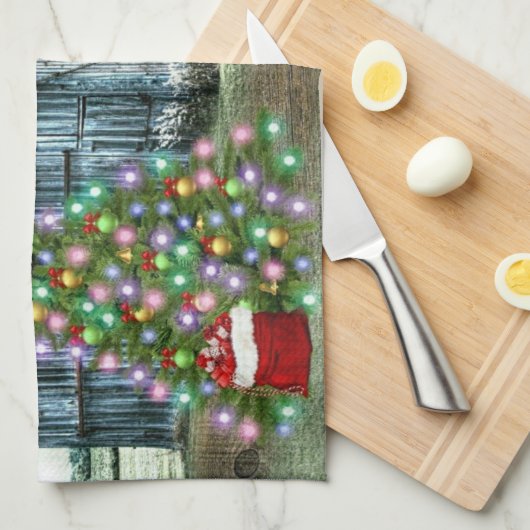 Kerstmis op het Boerderij Rustic Barn Theedoek (Quarter Fold)