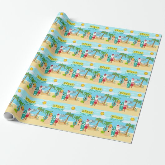 Kerstmis op het strand van de Kerstman Cadeaupapier (Uitgerold)