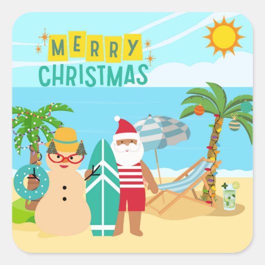 Kerstmis op het strand van de Kerstman Vierkante Sticker (Voorkant)
