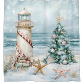 Kerstmis op het strand - Vuurtoren Kerstboom Douchegordijn (Voorkant)