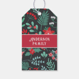 Kerstmis op maat familienaam bloem patroon cadeaulabel