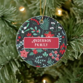 Kerstmis op maat familienaam bloempatroon keramisch ornament