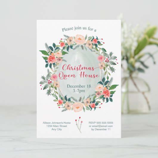 Kerstmis Open House Winter Floral Kaart (Staand voorkant)