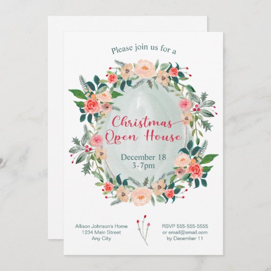 Kerstmis Open House Winter Floral Kaart (Voorkant / Achterkant)
