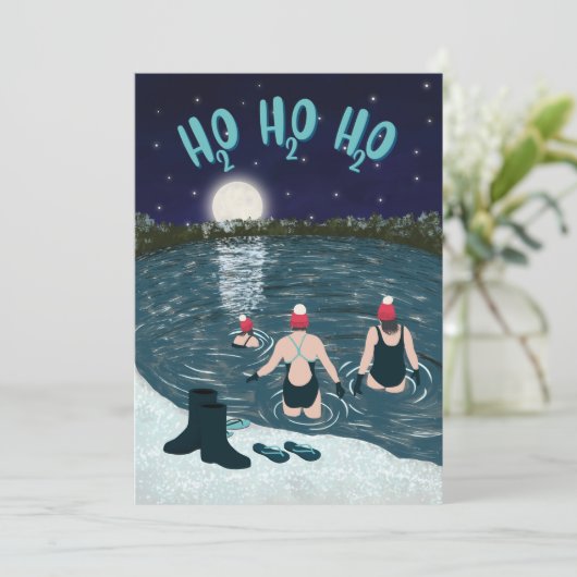 Kerstmis open water zwemmen in sneeuw 's nachts feestdagenkaart (Staand voorkant)