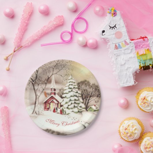 Kerstmis Oude Kerk op het platteland    Papieren Bordje (Feest)