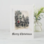 Kerstmis Oudmodieus Kerk Zwart Wit Feestdagenkaart (Staand voorkant)