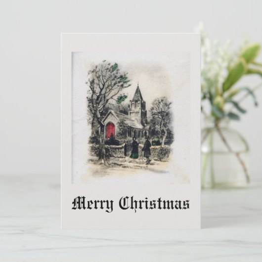 Kerstmis Oudmodieus Kerk Zwart Wit Feestdagenkaart (Staand voorkant)