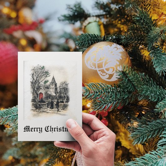 Kerstmis Oudmodieus Kerk Zwart Wit Feestdagenkaart
