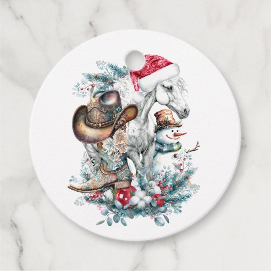 Kerstmis paard in Santa hoed cowgirl cowboy laarze Bedankjes Labels (Voorkant)