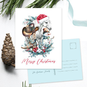 Kerstmis paard in Santa hoed cowgirl cowboy laarze Briefkaart