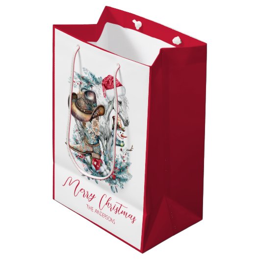 Kerstmis paard in Santa hoed cowgirl cowboy laarze Medium Cadeauzakje (Voorkant Gekanteld)