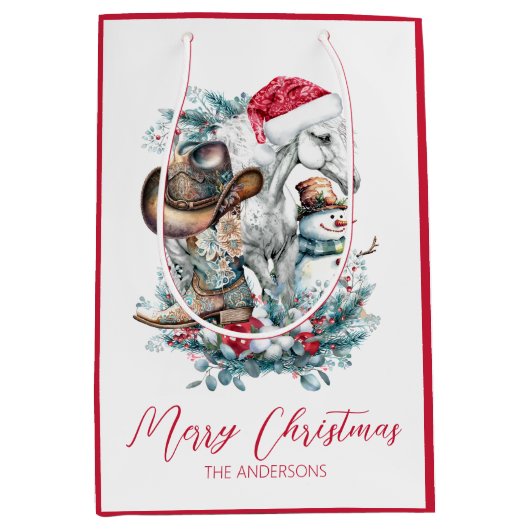 Kerstmis paard in Santa hoed cowgirl cowboy laarze Medium Cadeauzakje (Voorkant)