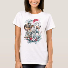 Kerstmis paard in Santa hoed cowgirl cowboy laarze T-shirt