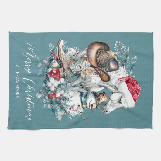 Kerstmis paard in Santa hoed cowgirl cowboy laarze Theedoek (Horizontaal)