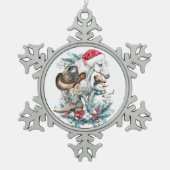 Kerstmis paard in Santa hoed cowgirl cowboy laarze Tin Sneeuwvlok Ornament (Voorkant)