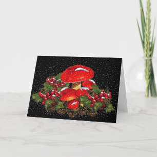 Kerstmis Paddestoel, Paddestoelen, Sneeuw, Holly Feestdagen Kaart