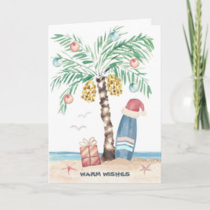 Kerstmis Palm Surf Santa Tropisch Strand Feestdagen Kaart