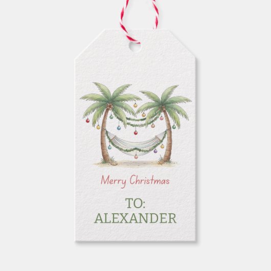Kerstmis Palmbomen Met Hangmat Aan De Kust Cadeaulabel (Voorkant)