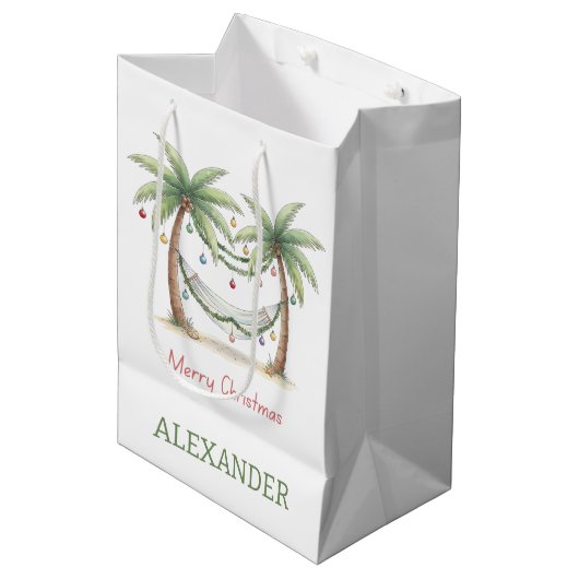 Kerstmis Palmbomen Met Hangmat Aan De Kust Medium Cadeauzakje (Voorkant Gekanteld)