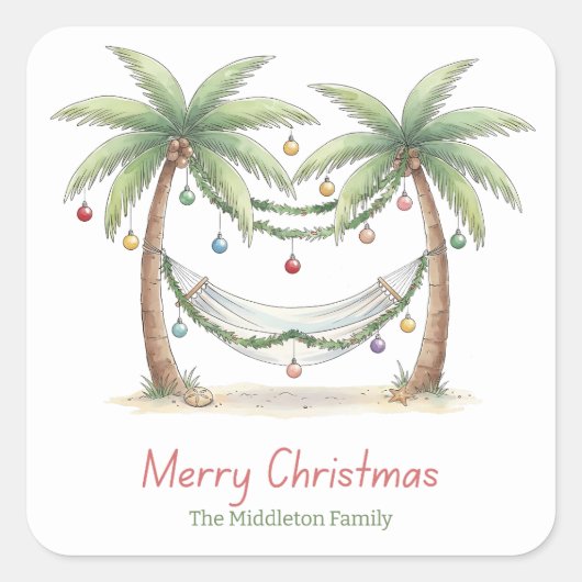 Kerstmis Palmbomen Met Hangmat Aan De Kust Vierkante Sticker (Voorkant)