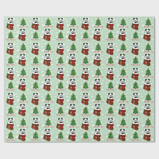 Kerstmis Panda Stocking Snowflakes Cadeaupapier (Vlak)
