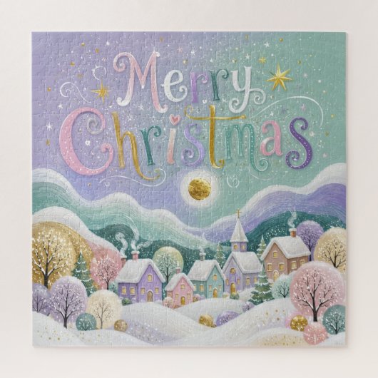 Kerstmis Pastel Winterdorp Sneeuwhuizen Legpuzzel (Verticaal)