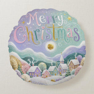 Kerstmis Pastel Winterdorp Sneeuwhuizen Rond Kussen