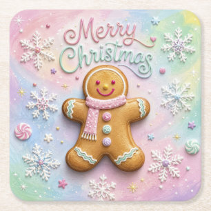 Kerstmis Pastelkleurige Gemberkoekman Sneeuwvlokke Kartonnen Onderzetters