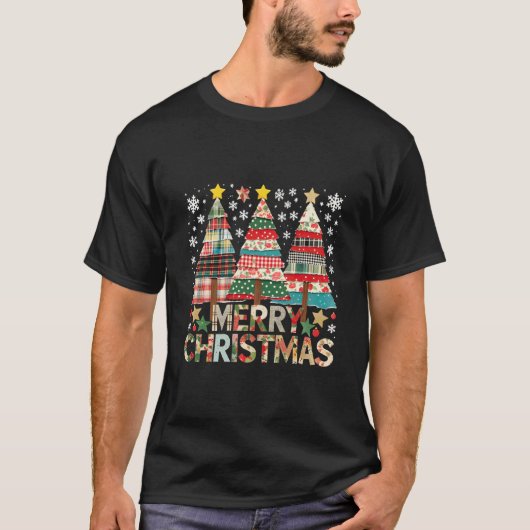Kerstmis Patchwork Boom Rustieke Kerst Kunst T-shirt (Voorkant)