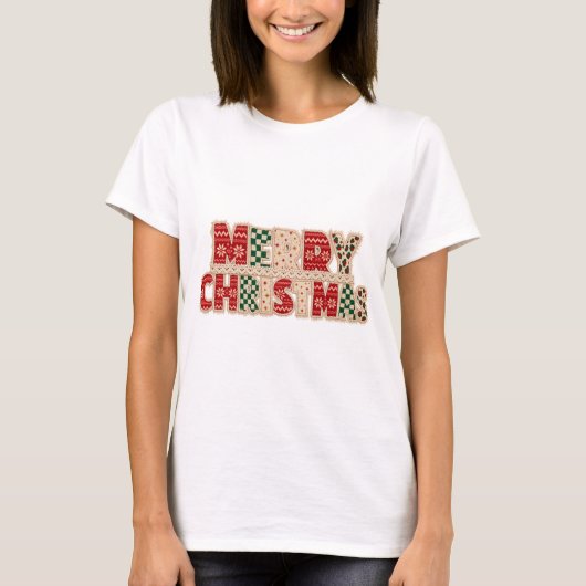 Kerstmis Patchwork Lettering Design T-shirt (Voorkant)