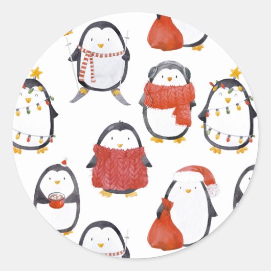 Kerstmis Patroon met Mooie Pinguïns Ronde Sticker (Voorkant)
