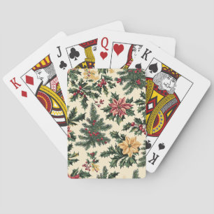 Kerstmis patroon met roomrode poinsettia en hulst pokerkaarten