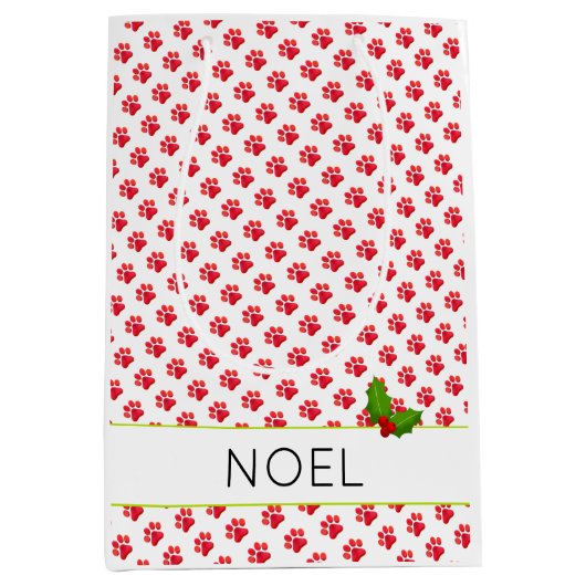 Kerstmis Paw Prints Holly Naam Vakantie Plezier Medium Cadeauzakje (Voorkant)