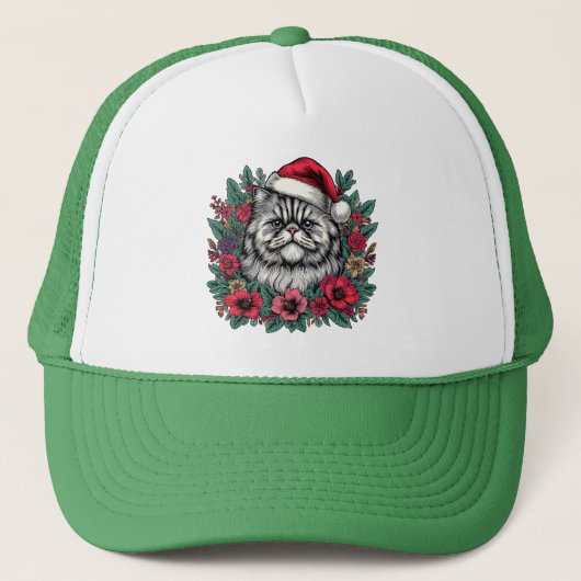 Kerstmis Perzische Kat, Bloemen Santa Perzisch Kat Trucker Pet (Voorkant)