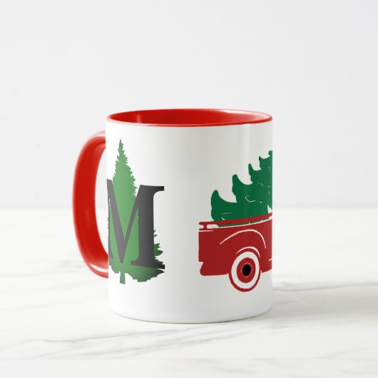 Kerstmis pick-up en boommonogram mok (Voorkant links)