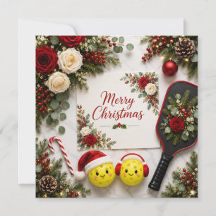 Kerstmis Pickleball Bloemrijke Wenskaart Feestdagenkaart